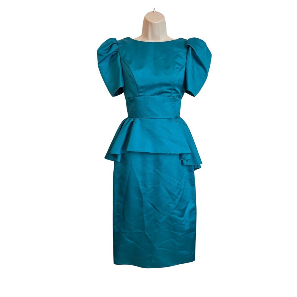 Vintage 80s Puff Sleeve Dress Bow Back Teal Formal Midi Made in USA Women's 5/6